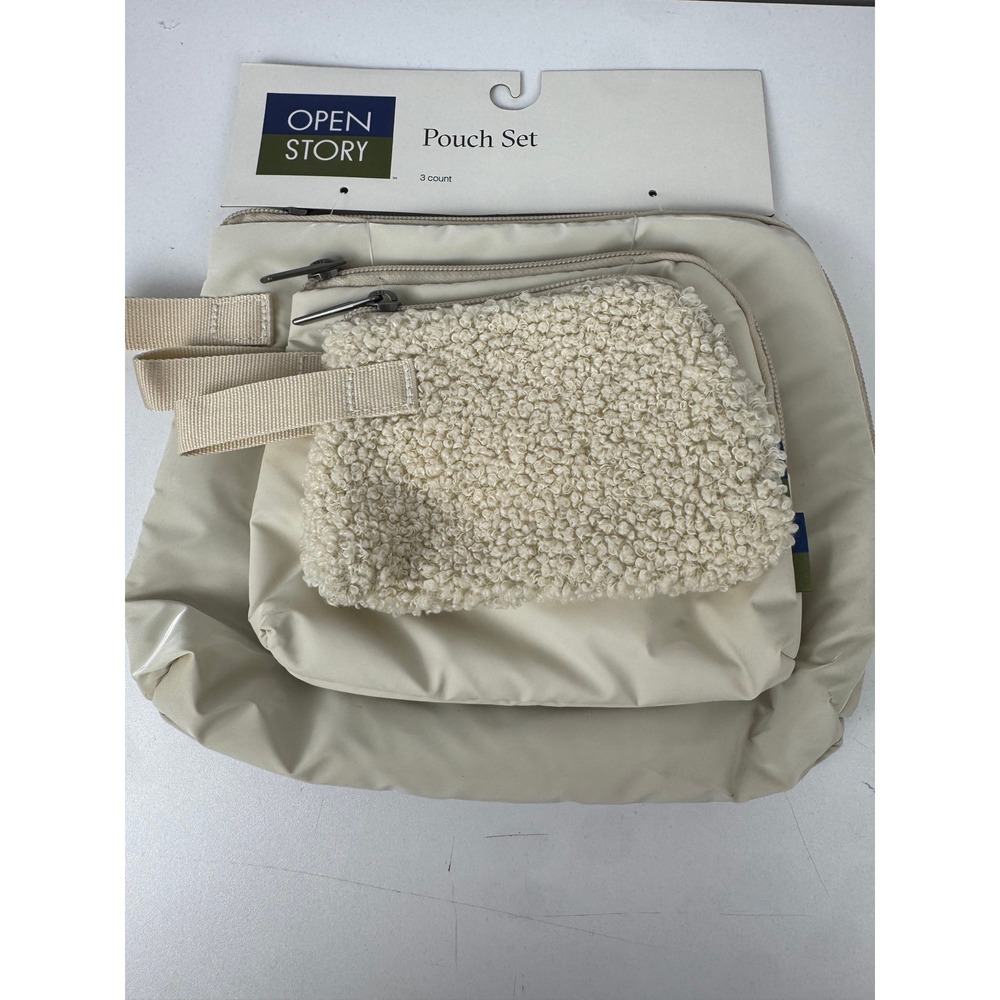 Open Story 3 Count Pouch Set Cream Beige Sherpa Recycled Polyester Travel Bags